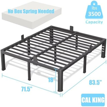 18 Inch California King Bed Frame with Rounded Corner and Headboard Hole Mattress Retainers 3500 LBS Metal Heavy Duty Steel Slats Support No Box Spring Needed Platform Noise Free Easy Assembly