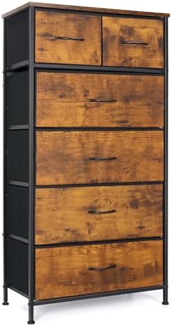 Mifuro Tall Dresser for Bedroom, Vertical Storage Organizer Tower with 6 Drawers, Chest of Drawers with Fabric Bins, Steel Frame, Wood Top for Bedroom, Closet, Entryway- Rustic Brown
