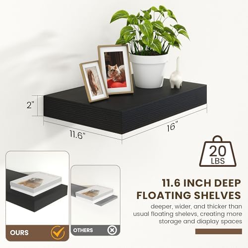 FLYJOE 12 Inch Deep Floating Shelves, 16 Inch Black Wall Shelves Set of 2