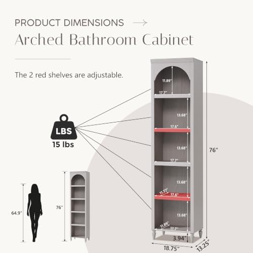 IFBUY 76" Arched Bathroom Storage Cabinet, Narrow Arch Cabinet, Light Grey