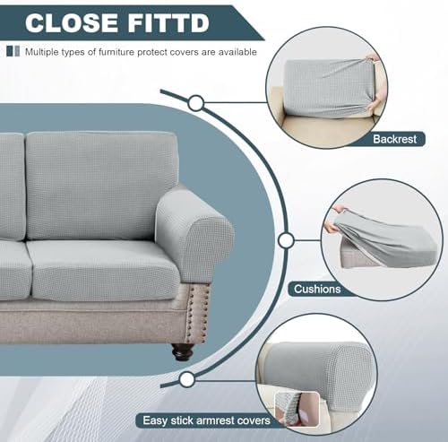 UNBBRRL Seat Cushion Cover and Back Covers for Corner Sofa Stretch Jacquard, Non Slip L Shaped Sofa Slipcover with Storage Ottoman, Sectional Couch Cover for Chaise Lounge (Pale Grey,31 x 31 x 6”)
