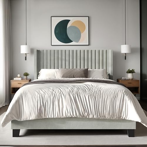 HOME DESIGN Ashland Queen Velvet Upholstered Panel Bed with Wingback Headboard, Vertical Channel Tufting, Adjustable Height, Easy Assembly, Solid Wood Frame, Light Gray
