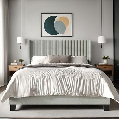 HOME DESIGN Ashland Queen Velvet Upholstered Panel Bed with Wingback Headboard, Vertical Channel Tufting, Adjustable Height, Easy Assembly, Solid Wood Frame, Light Gray