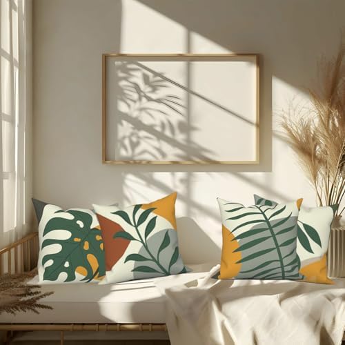4 Pcs/Set Tropical Leaves Throw Pillow Covers Boho Summer Green Leaf Monstera Palm Leaf Abstract Botanical Farmhouse Linen Pillow Cases for Sofa Couch Home Outdoor Decor, 20"x20"