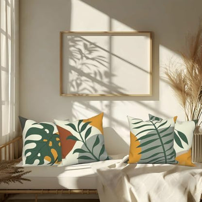 4 Pcs/Set Tropical Leaves Throw Pillow Covers Boho Summer Green Leaf Monstera Palm Leaf Abstract Botanical Farmhouse Linen Pillow Cases for Sofa Couch Home Outdoor Decor, 20"x20"