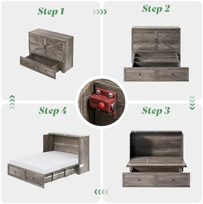 AMERLIFE Queen Rustic Grey Murphy Bed with 6" Tri-Fold Memory Foam Mattress