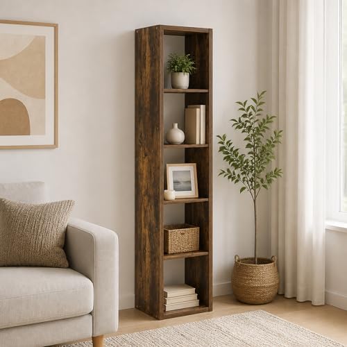 5-Cube Tall Cubicle Bookshelf, Cube Bookcase with Open Back, Reversible Book Shelf, Cube Storage Organizer, 15 x 16 x 72, for Living Room, Home Office, Amber Pine