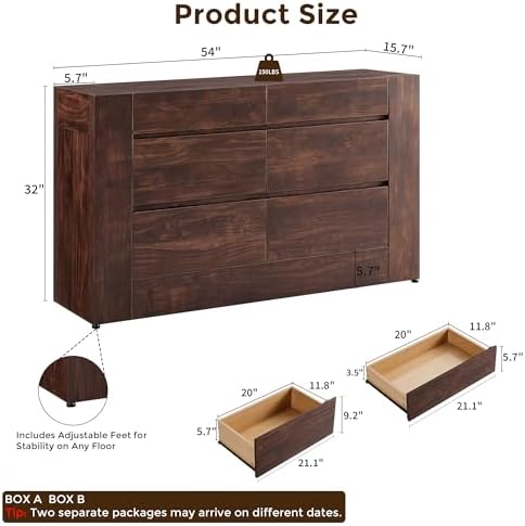 OKD 54" Modern 6 Drawer Dresser for Bedroom, 15.7" Space-Saving Depth