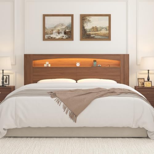 Queen Size Headboard Only, Sturdy Wood Bed Backboard with Solid Wood Legs, 3 Storage Zones, Unique Skirting Groove, High Load Capacity, 15mm Thick Construction (Walnut, King)