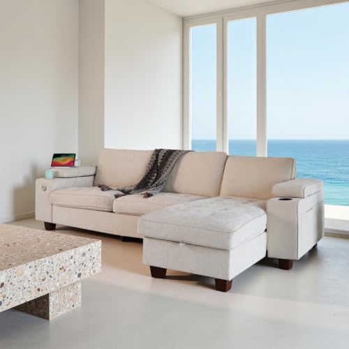 100" L Shaped Sectional Sofa with Hidden Armrest Storage, USB & Type-C Charging Ports, 4-Position Adjustable Armrests, Built-in Cup Holders, Upholstered Couch for Living Room, Beige