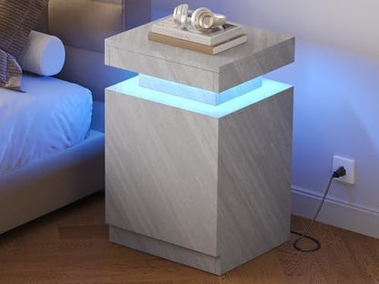 Nightstands Set 2, 17 Inches Modern Bedside Table with LED Lights, LED Night Stand Set of 2, High Gloss Surface, End Table with Storage for Bedroom, Grey