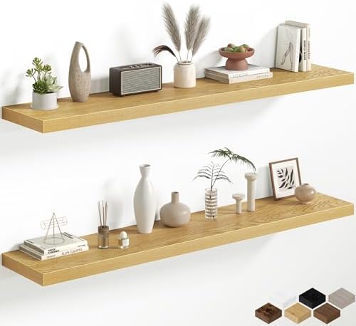 12 Inch Deep Floating Shelves, 60W x 12D Floating Shelf for Books, Rustic Wood Deep Wall Shelves for Home Storage & Display, 1.5" Thicked Shelves for Kitchen, Living Room, Bedroom, Oak, 2 Pack
