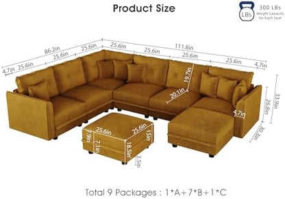 LLappuil Modular Storage Sectional Sofa with Ottoman, U Shaped 8-Seat Corduroy Couch with 7 Throw Pillows, Convertible Sofa Set for Living Room, Skin-Friendly & Soft, Scratch Resistant, Yellow