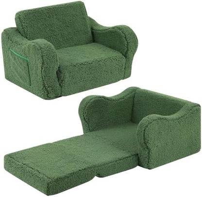 Kids Sofa Chair, 2-in-1 Foldable Couch, Sherpa, Green