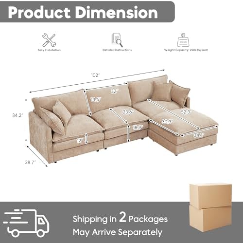 Modern 102" L Shaped Sectional Sofa Cloud Couch, Modern Chenille Comfy Modular Sleeper Sofa, Upholstery Sofa with Ottoman & Memory Foam for Living Room, Coffee