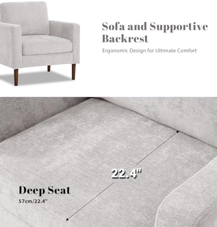 Kingfun Chenille Accent Chair, Mid Century Modern Reading Armchair with Solid Wood Legs, Upholstered Living Room Chair for Bedroom and Apartment