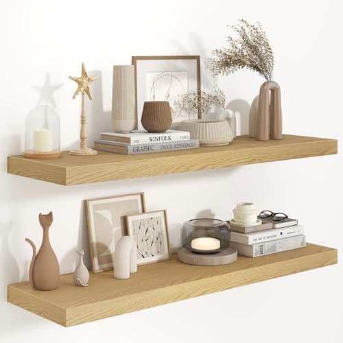 40" W x 9.3" D Floating Shelves for Wall, Deep Long Floating Shelf for Home Bathroom, Bedroom, Living Room, Rustic Wood Wall Mounted Shelves for Books Decor, Oak