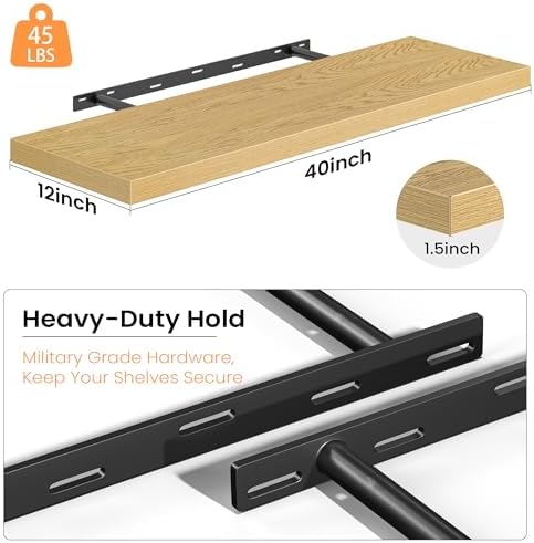 40 Inch Floating Shelves, 12 Inch Deep Wall Shelves, 40 x 12 Floating Shelf Set of 2, Oak Wood Floating Shelf Wall Mounted, Large Kitchen Living Room Bedroom Bathroom Storage Shelves