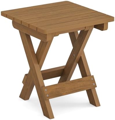 LUE BONA Small Outdoor Folding Side Table, 14 Inch, Teak Color Oil Printed