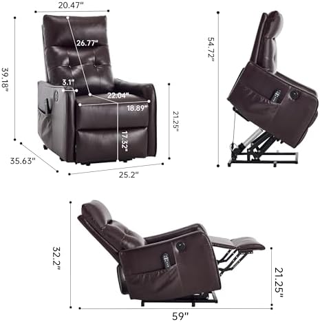 Power Lift Recliner Chair with Vibration Massage and Heat for Petite Elderly, Small Lift Chair with Side Pocket Remote Control, Infinite Position, Faux Leather Red Brown