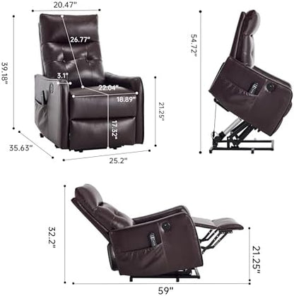 Power Lift Recliner Chair with Vibration Massage and Heat for Petite Elderly, Small Lift Chair with Side Pocket Remote Control, Infinite Position, Faux Leather Red Brown