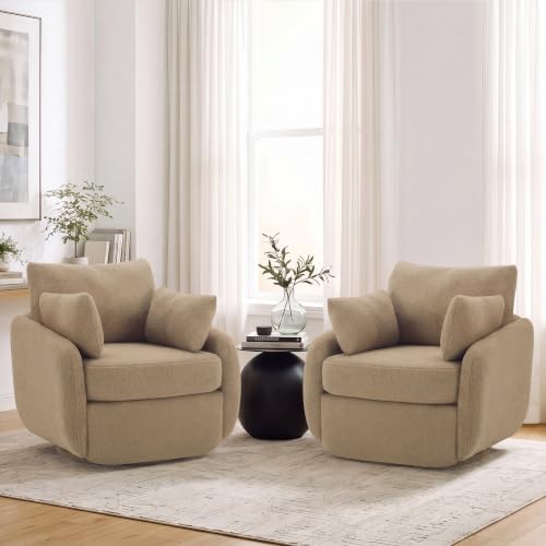 360° Sherpa Swivel Accent Chair Set of 2, Barrel Living Room Chair, Camel