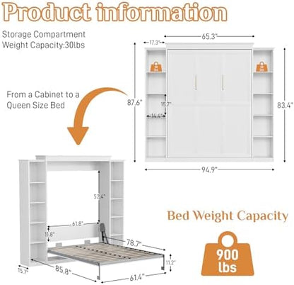 Queen Size Murphy Bed with 2 Storage Cabinet, Farmhouse Wood Hidden Foldable Wall Bed Frame, Space Saving Beds with Shelves, Murphy Bed Queen for Guest Room, Apartment,Office,Bedroom, White