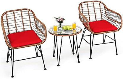 Tangkula 3 Pieces Patio Conversation Bistro Set, Outdoor Wicker Furniture w/Round Tempered Glass Top Table & 2 Rattan Armchairs, Bistro Chat Set w/Seat Cushions for Porch, Backyard, Garden