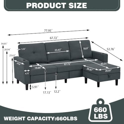 79" Convertible Sectional Sofa, L Shaped 3 Seat Couch with Storage Chaise