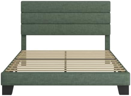 SHA CERLIN Queen Platform Bed Frame with Upholstered Fabric Headboard,Green