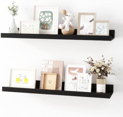 Picture Ledge Shelf, MDF Wood Floating Shelves Set of 2, Picture Ledge Photo Ledge Wall Mounted for Living Room Kids' Room Bedroom, Color Black (Black, 24in-2pcs)