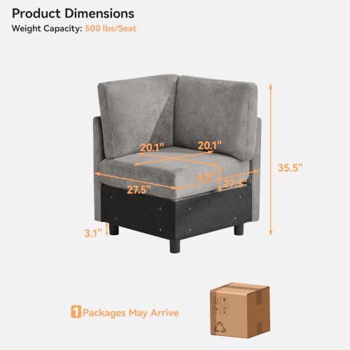 Modular Sectional Couch with Storage, Corner Seat Module for Couch, Grey