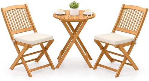 Tangkula 3 Pieces Acacia Wood Patio Folding Bistro Set, Outdoor Table and Chairs Set with Soft Cushions, Patio Furniture Set for Porch, Balcony, Garden, Deck and Backyard