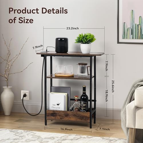 Narrow End Table with USB-C Charging Station, 3-Tier Slim Side Table