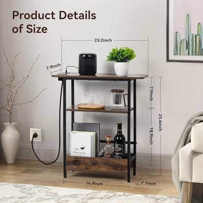 Narrow End Table with USB-C Charging Station, 3-Tier Slim Side Table