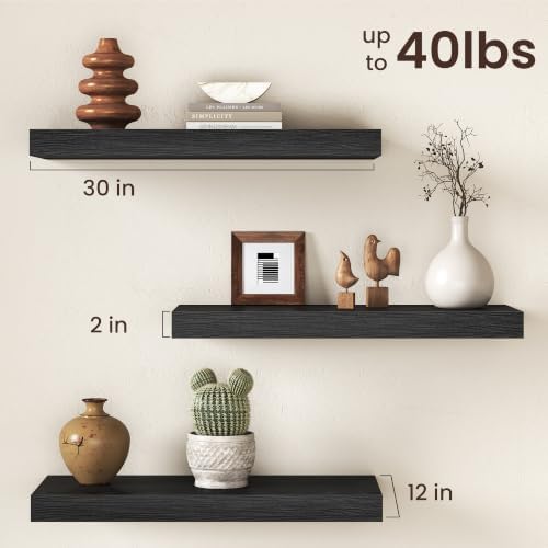12" Deep Floating Shelves for Wall, 30" Long Black Wood Wall Shelves, Set of 2, 2" Thick Rustic Storage & Display Shelves with Invisible Brackets for Living Room Bedroom Kitchen