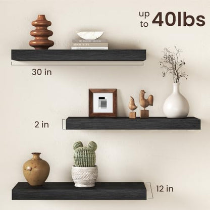 12" Deep Floating Shelves for Wall, 30" Long Black Wood Wall Shelves, Set of 2, 2" Thick Rustic Storage & Display Shelves with Invisible Brackets for Living Room Bedroom Kitchen