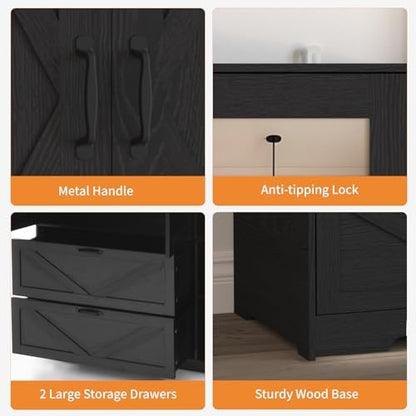 72'' Armoire Wardrobe Closet with Mirror Door & Light, Farmhouse Bedroom Clothes Cabinet with 4 Doorrs + Hanging Rod + 2 Drawers, Wooden Wardrobe Cabinet with Adjustable Shelf for Bedroom