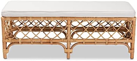Bali & pari Orchard Natural Rattan Bench with White Cushion – 48" Boho Wicker Ottoman, Handwoven Cane Entryway Seat for Living Room, Bedroom, or Hallway – Coastal & Farmhouse Décor