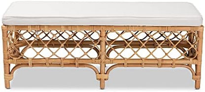 Bali & pari Orchard Natural Rattan Bench with White Cushion – 48" Boho Wicker Ottoman, Handwoven Cane Entryway Seat for Living Room, Bedroom, or Hallway – Coastal & Farmhouse Décor