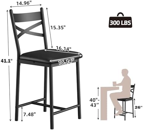 IDEALHOUSE 26" Bar Stools Set of 2, Counter Height Barstools with Back,Black