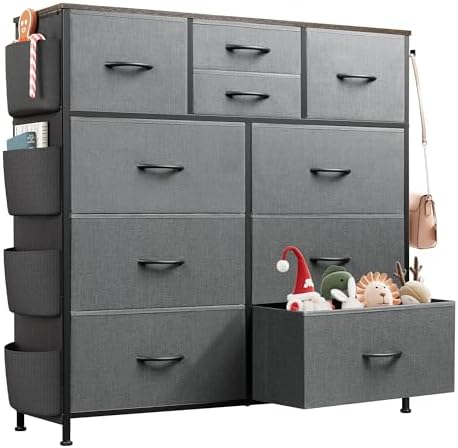 WLIVE 10 Drawer Fabric Dresser for Bedroom, Side Pocket Chest, Dark Grey