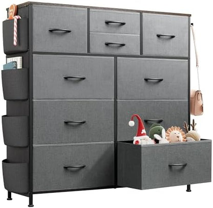 WLIVE 10 Drawer Fabric Dresser for Bedroom, Side Pocket Chest, Dark Grey