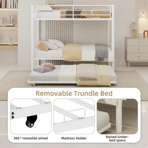 SDHYL Twin Over Twin Bunk Bed with Trundle, Heavy Duty Metal Bunk Beds Frame with Safety Guardrail & Ladder, Noise Reduced, No Box Spring Needed, Space-Saving, White