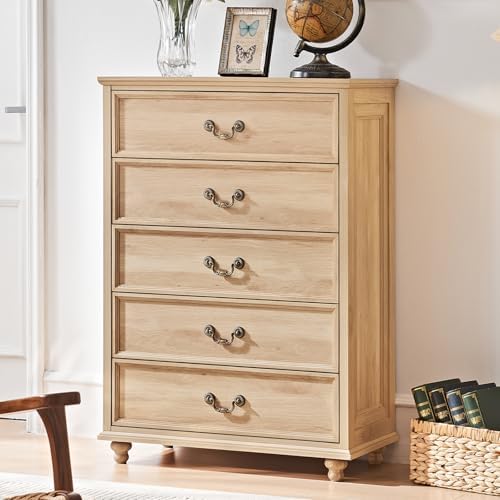 Joaxswe Farmhouse 5 Drawer Dresser for Bedroom, 45" Tall Vinatge Chests of Drawers w/ 4 Solid Gourd Feet, Mid Century Modern Boho Wood Closet Storage Dressers Organizer for Living Room, Natural Oak