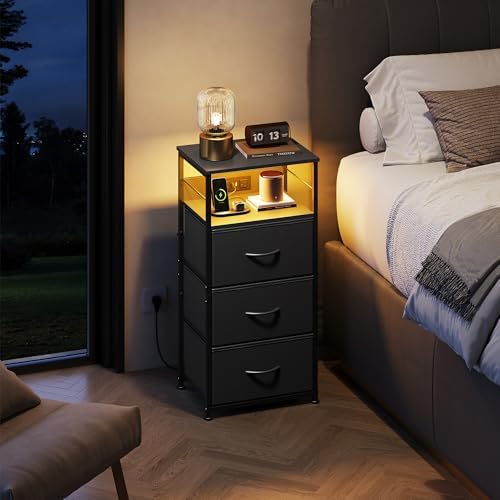 WLIVE Night Stand with Charging Station, Black LED 3 Drawers Bedside Table