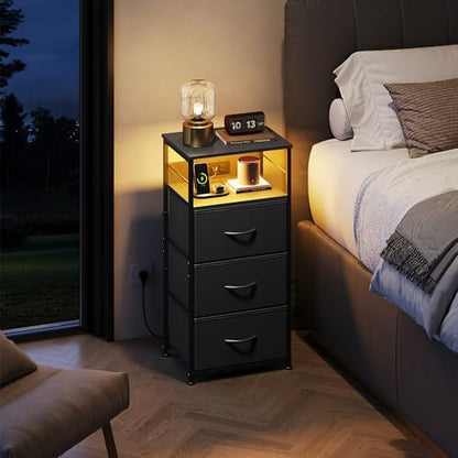WLIVE Night Stand with Charging Station, Black LED 3 Drawers Bedside Table