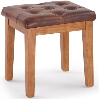 Ottoman Vanity Wooden Stool with Padded Seat, Faux Leather Brown