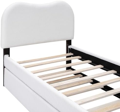 Merax Twin Size Upholstered Platform Bed with Wood Supporting Feet and Twin Size Trundle, White