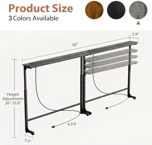 GRLEAF 2 Pack Adjustable Height Narrow Console Table with Power Outlets, 90" Long Sofa Table with Charging Station Behind Couch Table Entryway Table for Living Room and Hallway – Gray